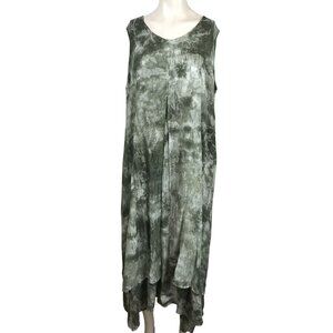 SAKKAS -WOMEN'S FREE SIZE - OLIVE V NECK RAYON SLIT IN FRONT TIE DYE DRESS